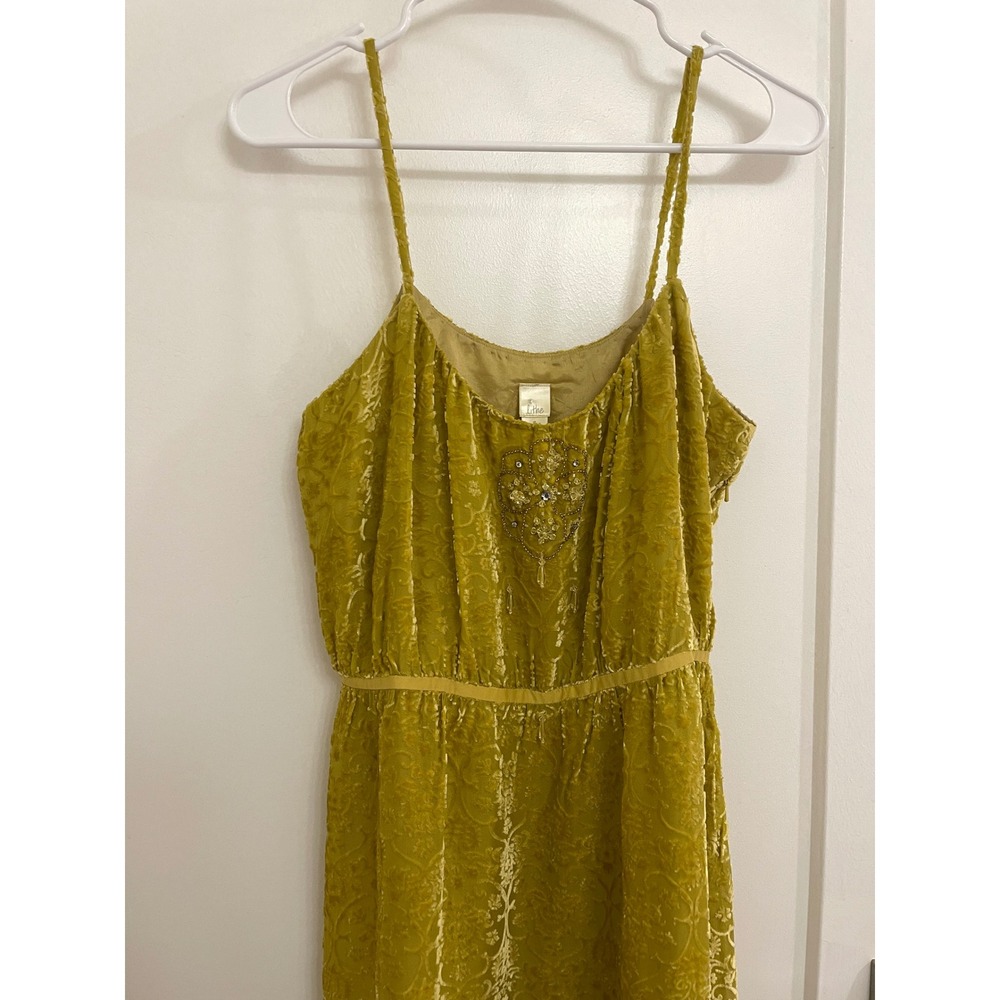 Anthropologie Lithe Silk Blend Mustard Velvet Beaded Chandelier Midi Dress